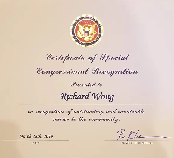 Certificate of Special  Congressional Recognition - March 2019
